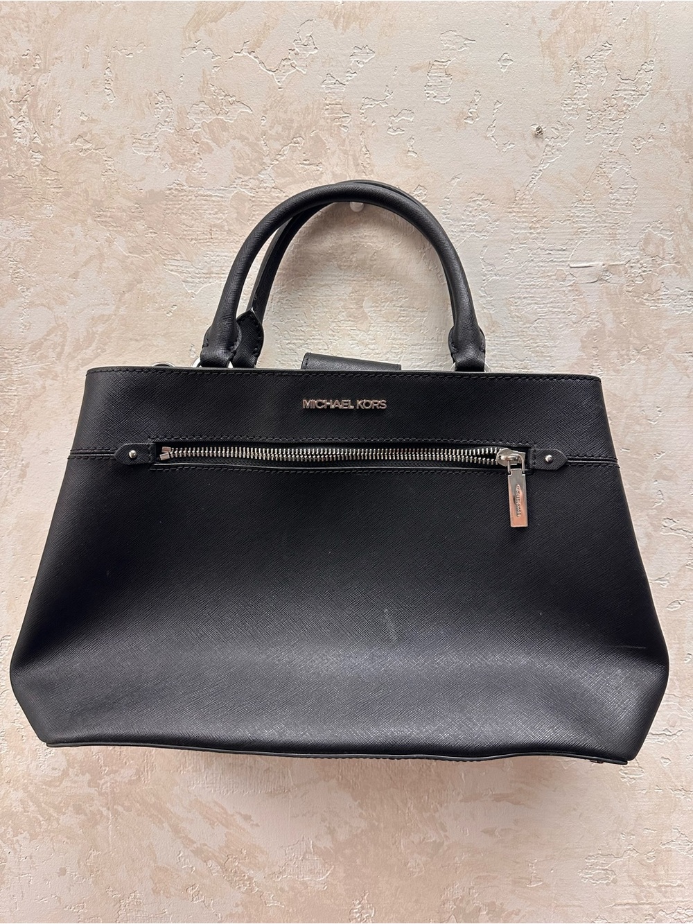 Michael Kors Black Saffiano Satchel with Front Zip